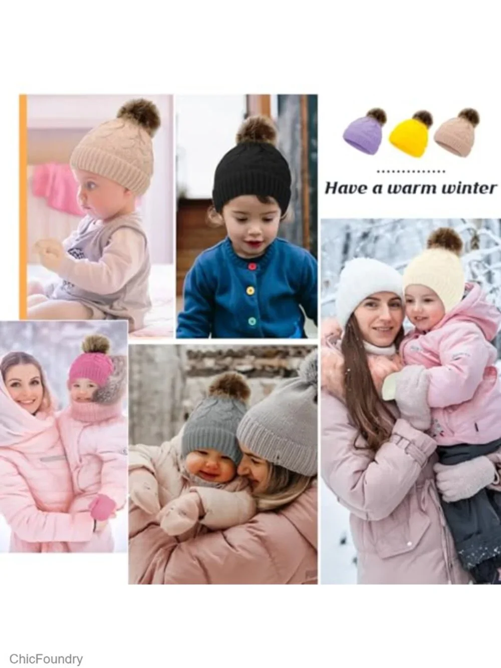Newborn Baby Knit Winter Hat and Mitten Set with Pompom